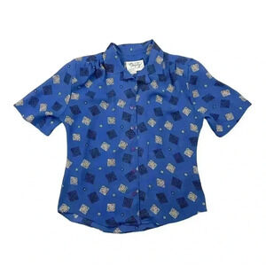 VTG Kathy Comelli Women's Blue Retro Blouse Button Up Top Sz Small Short Sleeve